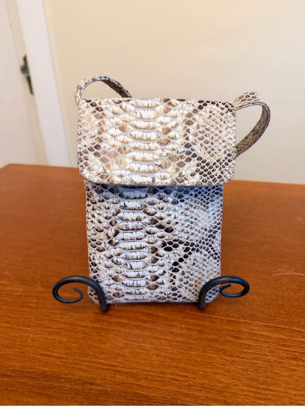 Cofi Snake-Embossed Mini Crossbody Pouch in Taupe and White